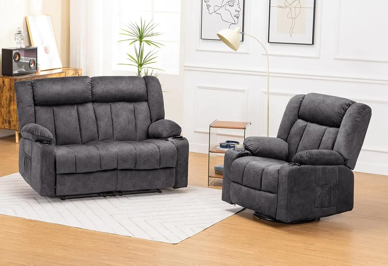 Manual Recliner Chair Set，Fabric Reclining Sofa Chair with Cup Holders, Upholstered Recliner with Side Pockets Suitable for Livi