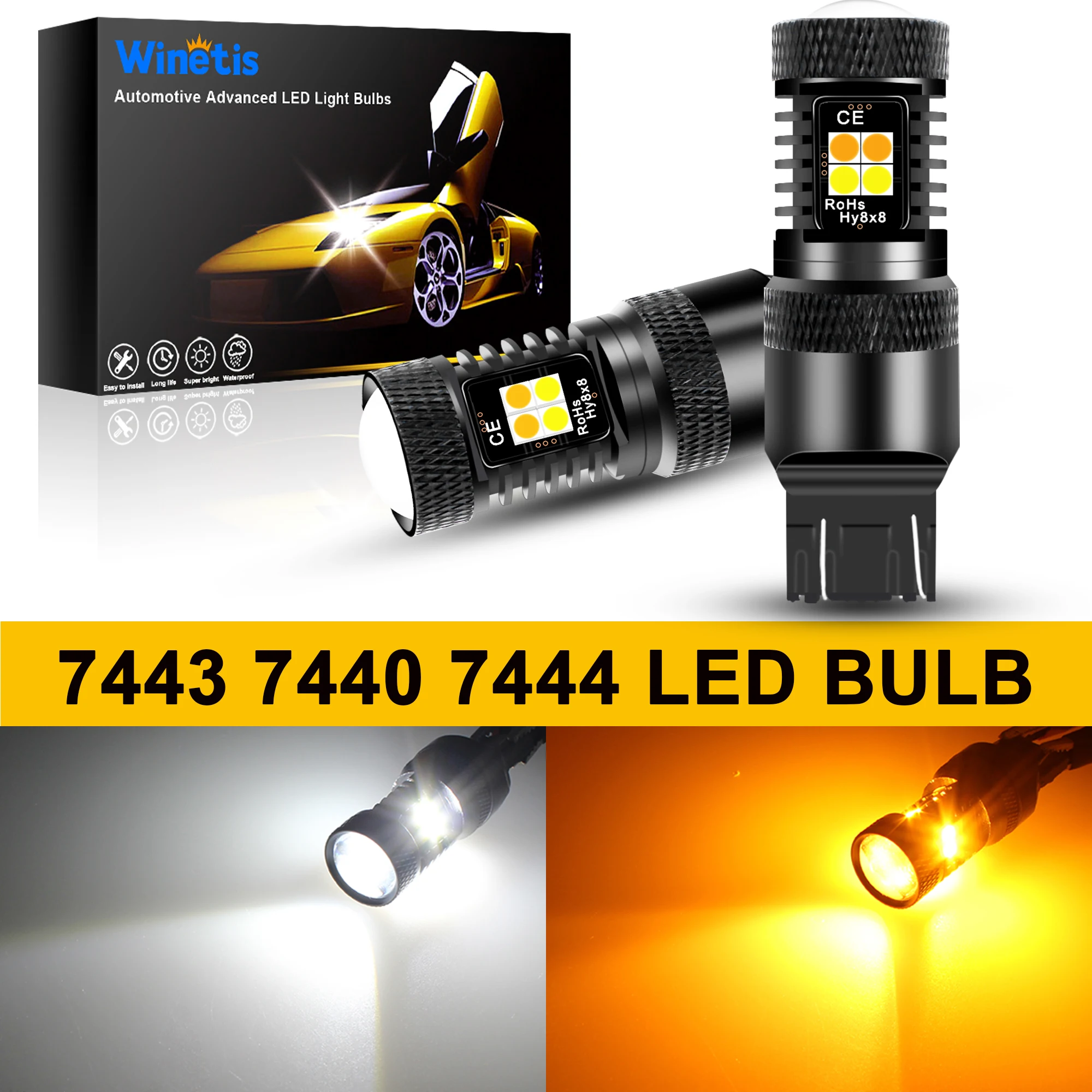 Winetis 2X 7443 12V 7444NA 16 SMD White / Amber Switchback LED Bulb with Projector Lens Daytime Running Light Turn Signal Bulbs