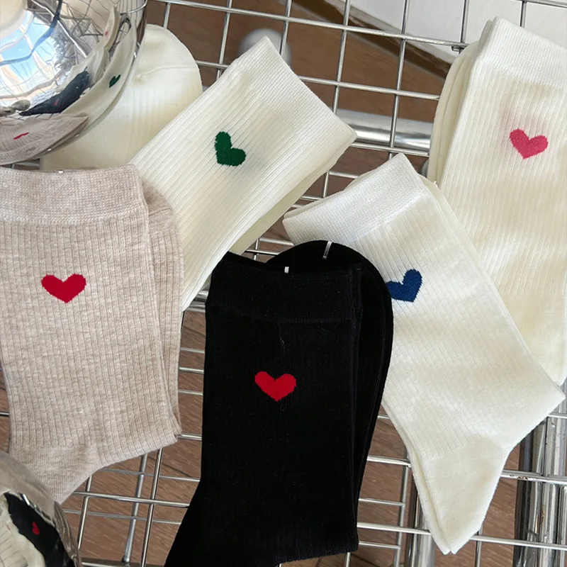 Socks Women Spring Summer Thin Female Love Heart Print Cotton Socks For Girls Gift Cute Kawaii Black White Sox Street Fashion