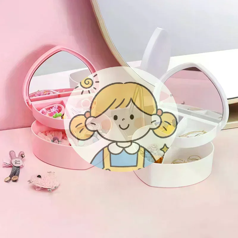 

Шкатулка для украшений для девочек с зеркалом, розовая, белая, пластиковая, для браслетов, резинок для волос, органайзер для украшений на стол, для демонстрации украшений