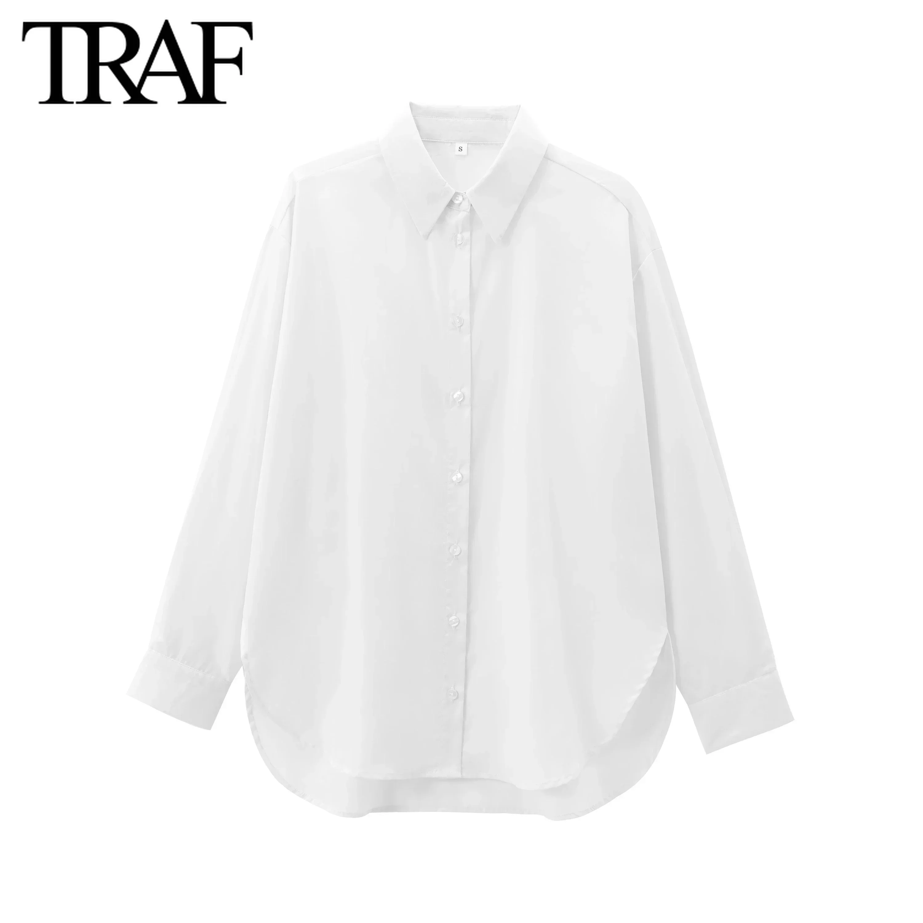 TRAF Women Fashion New Cotton Solid Color Loose Long Sleeve Single Breasted Lapel Blouse Street Clothing Shirt Chic Ladies