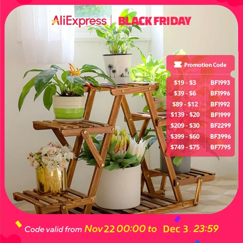 6 Tiered Wood Plant Stand Indoor Outdoor Carbonized Triangle Corner Plant Rack