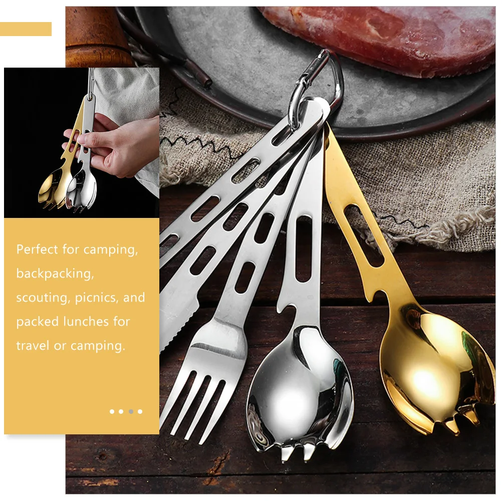 

2Pcs Multi-Use Camping Spork Stainless Steel Outdoor Survival Spoon Fork Bottle Opener Portable Reusable
