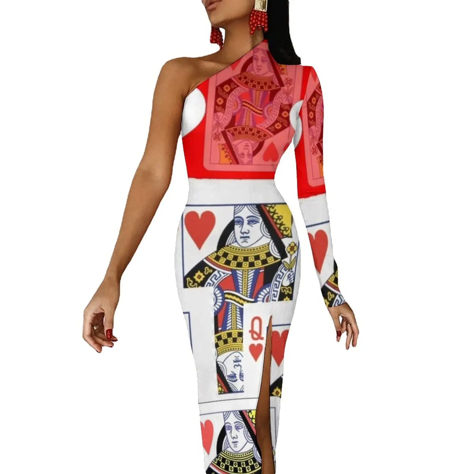 Poker Cards Maxi Dress Long Sleeve Red Queen Heart Streetwear Bodycon Dresses Spring Side Split Night Club Dress Ladies Vestido