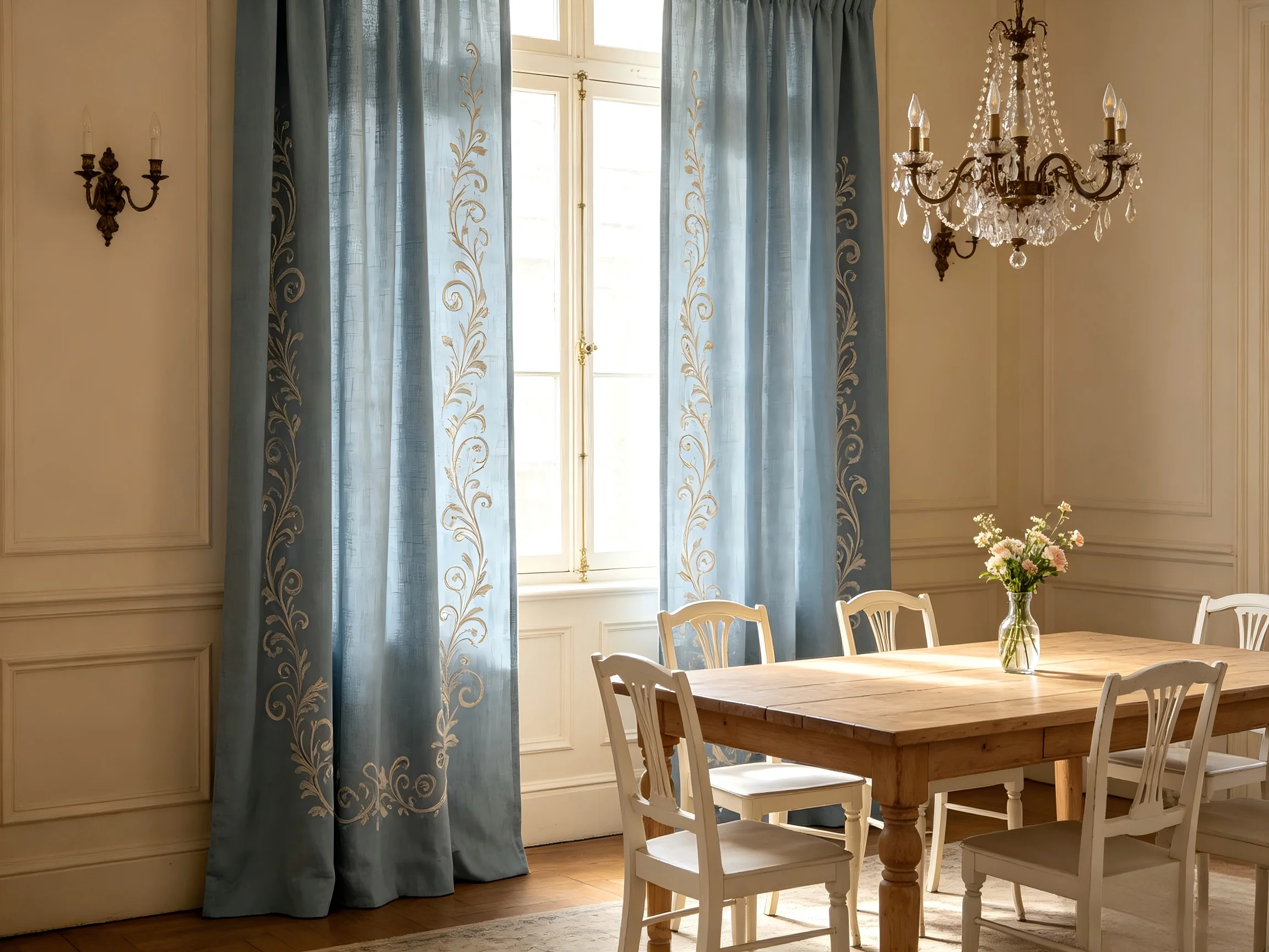 200142 Haze Blue Embroidered Linen Curtain