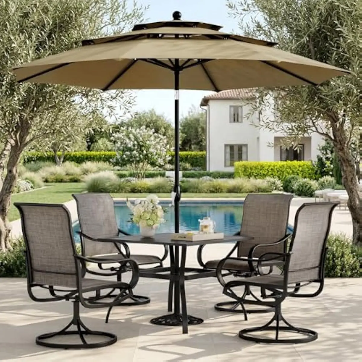 Outdoor Dining Set for Four Featuring Square Table Mesh Chairs and 10ft Wind-Resistant Umbrella with Auto-Tilt Functionality Tex