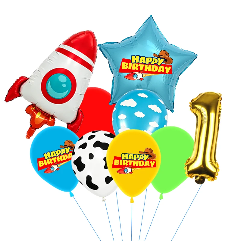 Rote, gelbe und grüne Spielzeugballons, hellblaue Ballons mit Wolken- und Kuhmuster für die Dekorationen zu Babystory- und Cowboy-Partys – Detail 29