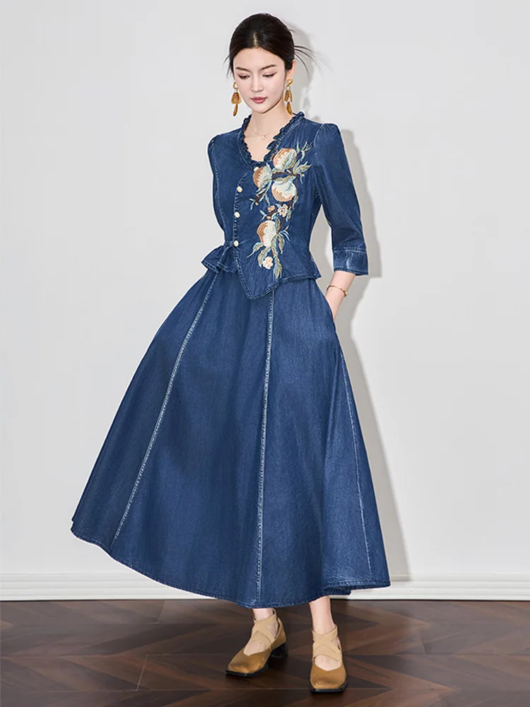 TIYIHAILEY Women Embroidery Long Mid-Calf Denim Summer Dress M-2XL V-Neck Ladies Clothing New 2025 Fake 2pcs