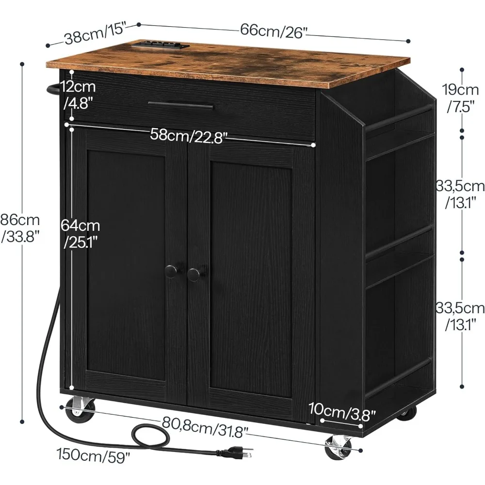 Kitchen Island with Power Outlet, Kitchen Storage Island with Spice Rack and Drawer, Rolling Kitchen Cart on Wheels