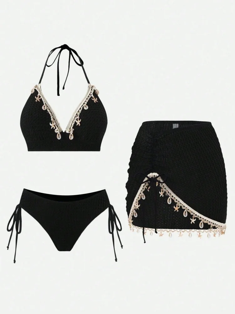 Sexy Triangle Cup Bikini Women Star Shell Decor Beachwear Holiday Sexy Beachwear 2026 Summer New Hollow Out Cover-Ups Wrap Skirt