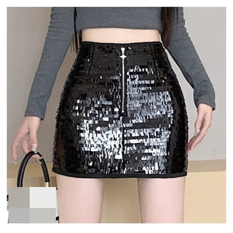 

Sparkling sequin high waist slimming A-line short skirt, spicy girl, hip hugging, one-step skirt korean fashion clothing