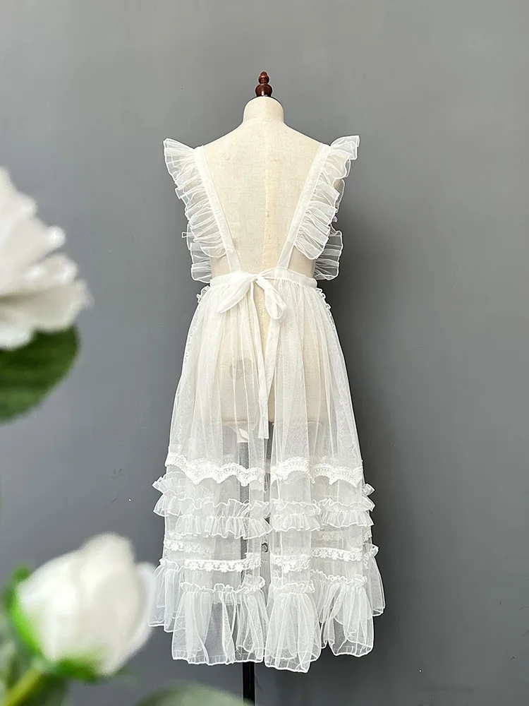 Dophee Originale Elegante Abito con Bretella in Pizzo Nuova Estate Super Fata Abito in Maglia Scava Fuori Increspature Garza Overskirt Lolita Grembiuli