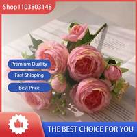 30cm Rose Pink Silk Peony Bouquet - 5 Large Heads & 4 Small Buds for Bride Wedding, Home Decoration, and Elegant Displays
