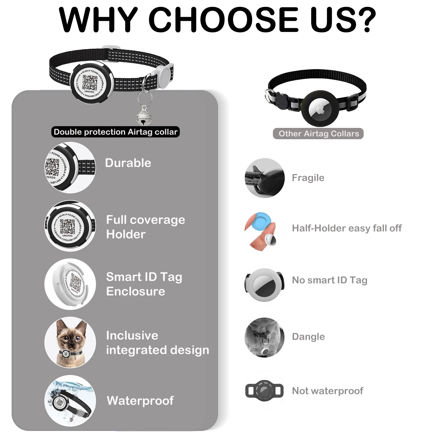 Airtag Cat Collar with QR Tag GPS Tracker Air Tag Case, Dual Protection Reflective  Anti-Loss Kitten Collar for Cats Gatos Puppy