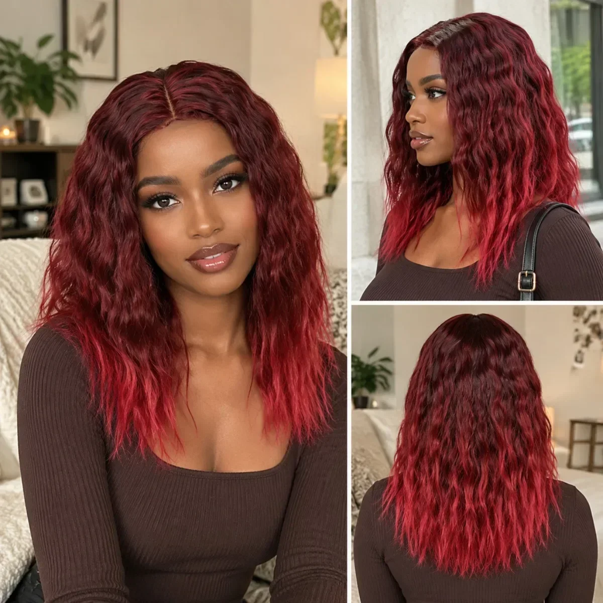 20 Inch Ombre Burgundy to Bright Red Short Water Wave Synthetic Lace Front Wig, Pre-plucked Baby Hair Curly Wig, Voluminous