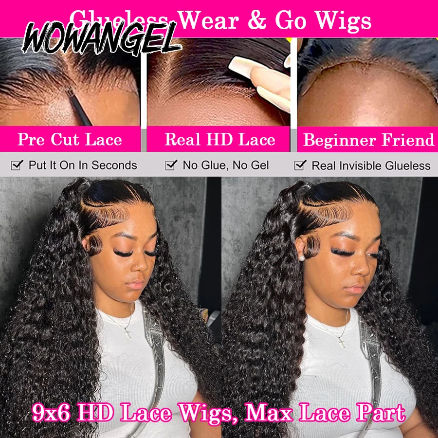 250% 9x6 HD Lace Closure Glueless Water Wave Remy Hair Wigs 34in Pre Cut Lace Ready To Go Human Hair Wigs Melt Skins Curly Wig