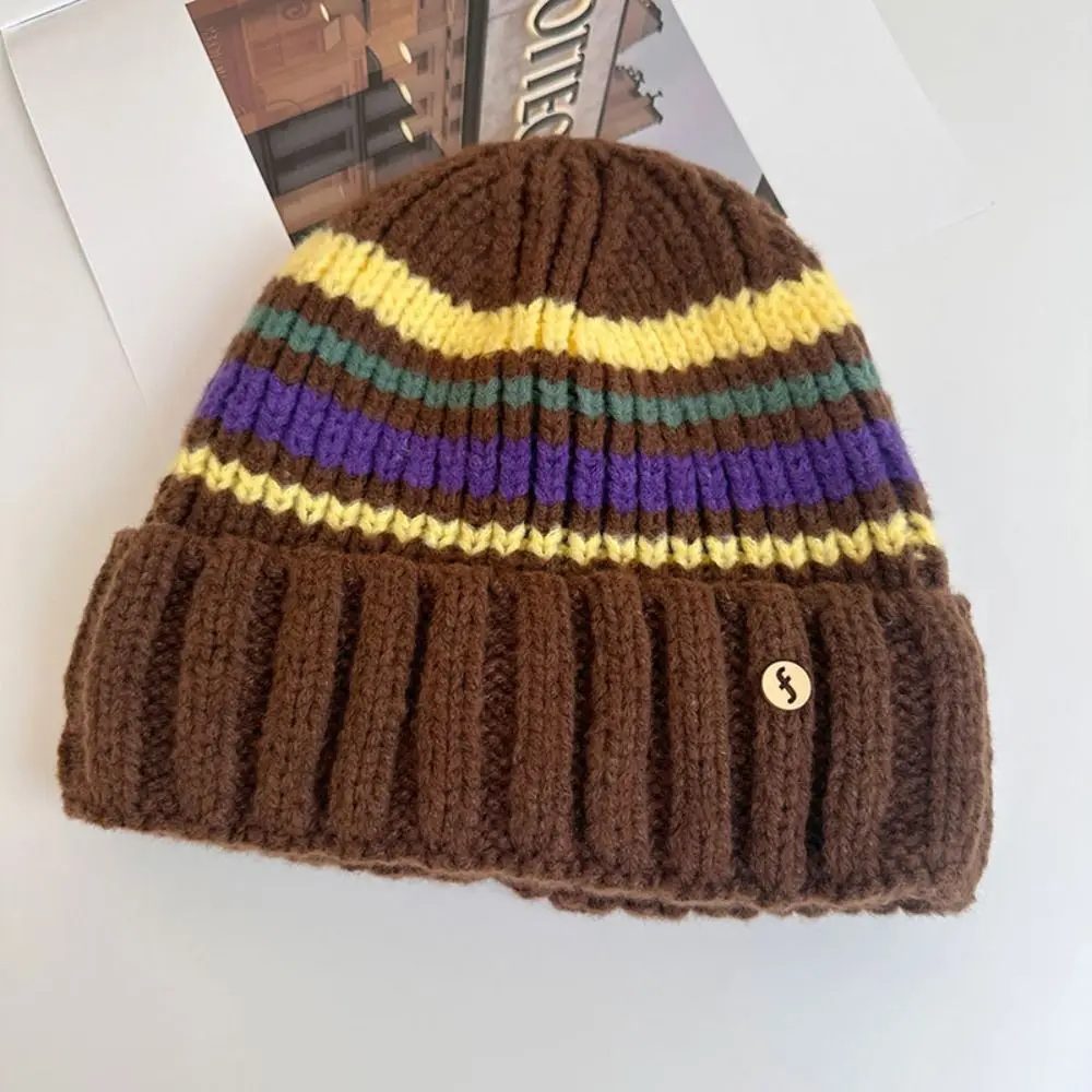Vintage Striped Knitted Hat Trendy Breathable Casual Wool Hat Coldproof Korean Style Winter Pullover Hat Apparel Accessories