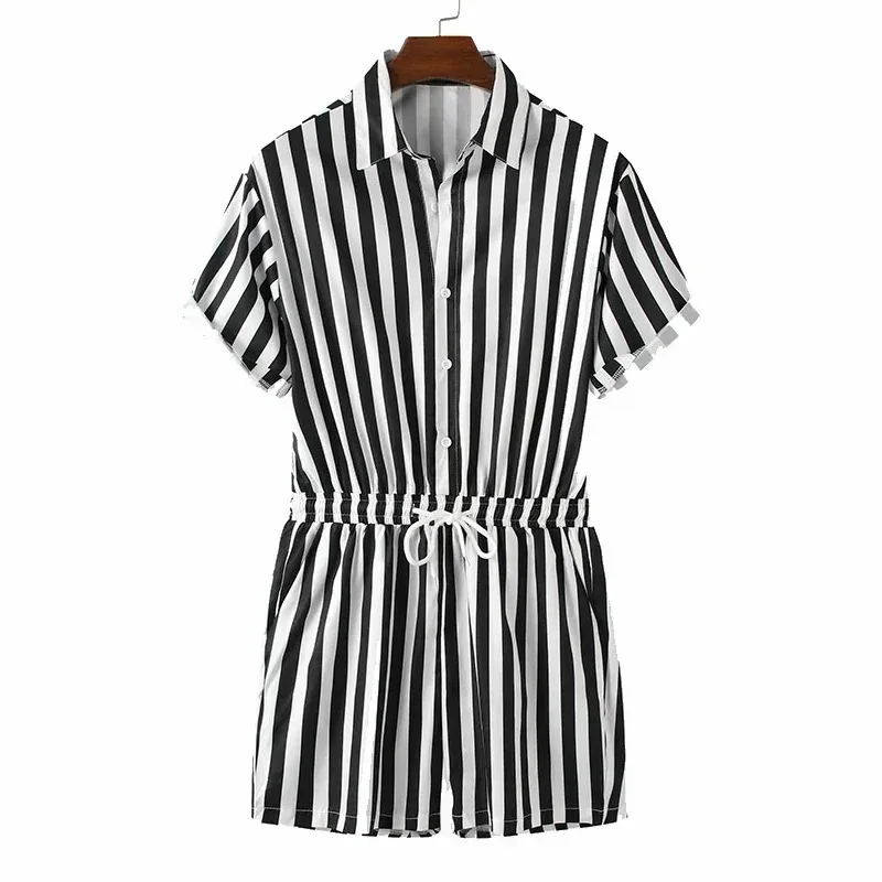 

Men's Short Sleeve Button Lapel Jumpsuits Fashion Casual Striped Rompers One Pieces Boxer Shorts Leatards Drawstring Bodysuits