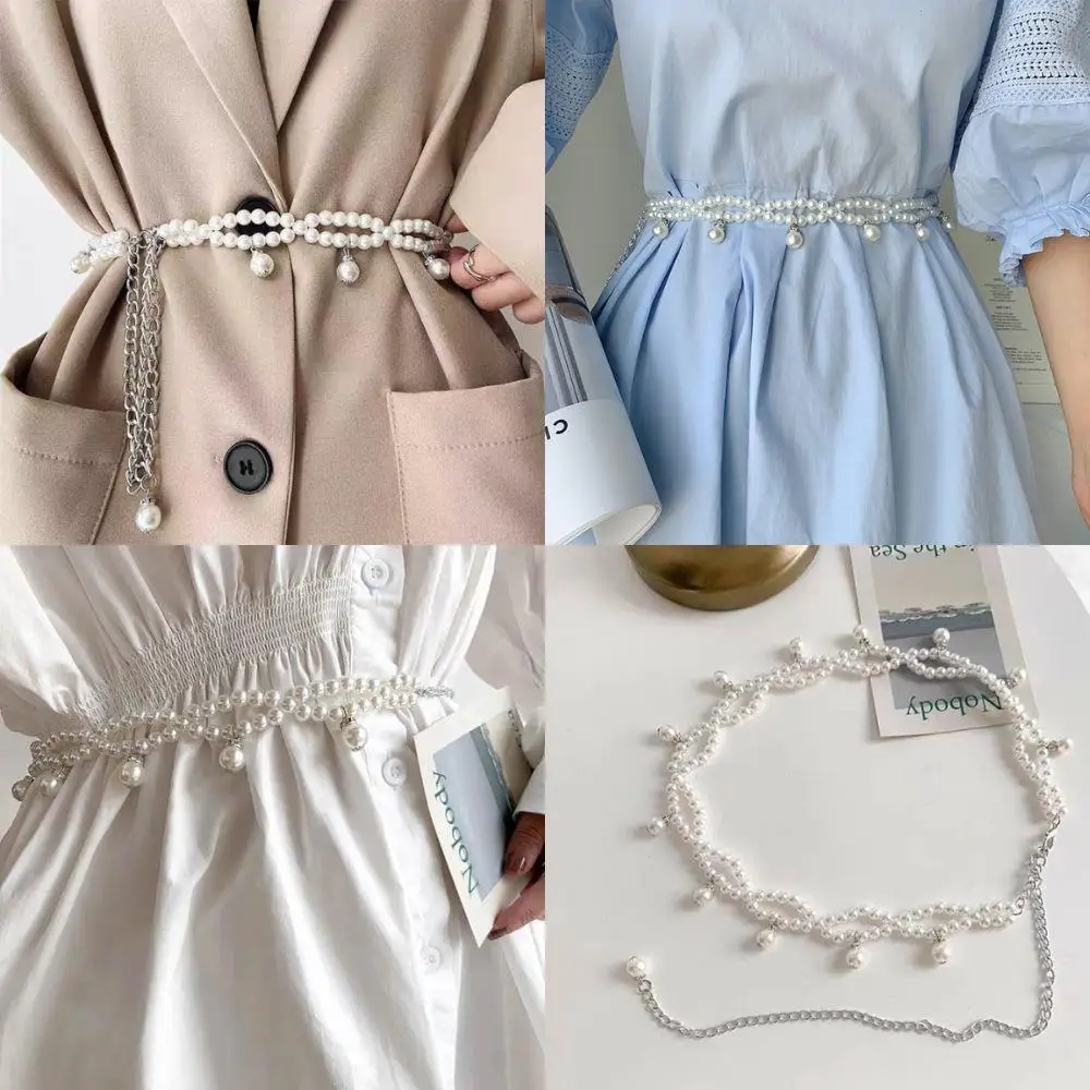 

Ladies Versatile Pearl Chain Thin Waistband Adjustable Waist Chain Dress Skirt Elastic Waistband 100cm Multilayer Waist Belts