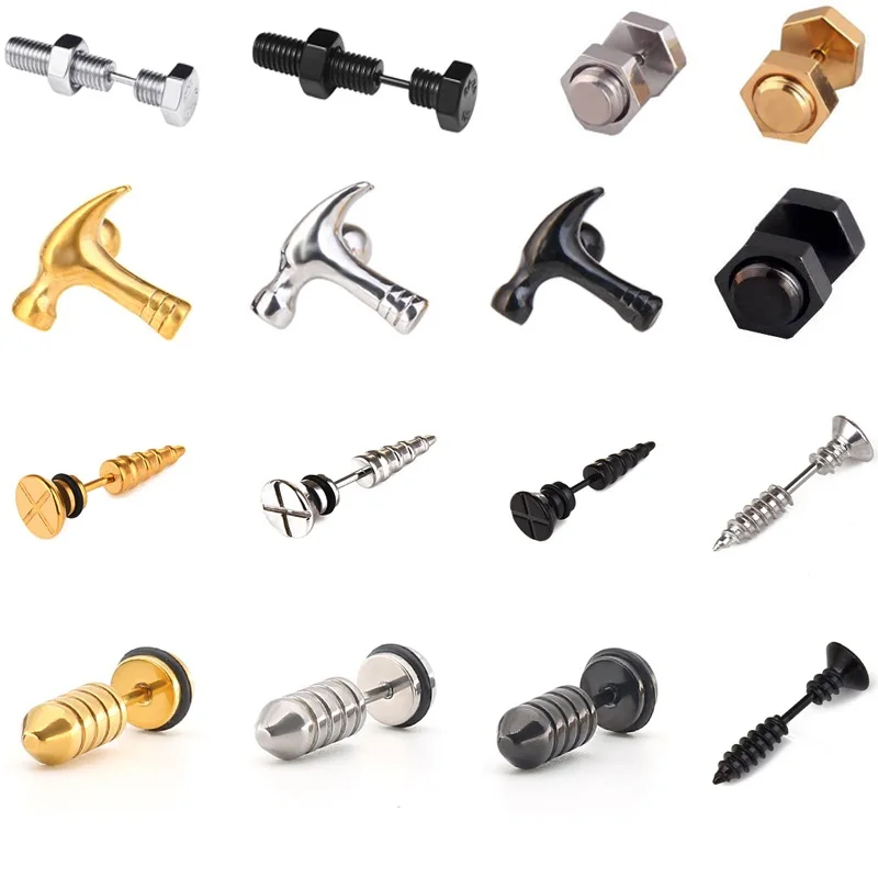 Hiphop Punk Screw Hammer Earrings Stainless Steel Fashion Tool Shaped Stud Ear Jewelry Party Gifts For Women Men