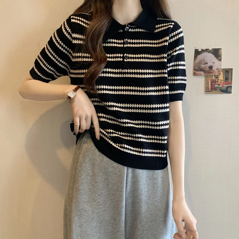 

Slimming Ice Silk Neck T-Shirt Women's Summer Clothing plus Size Cover Belly Short Sleeve Korean Style Loose Fit Tee