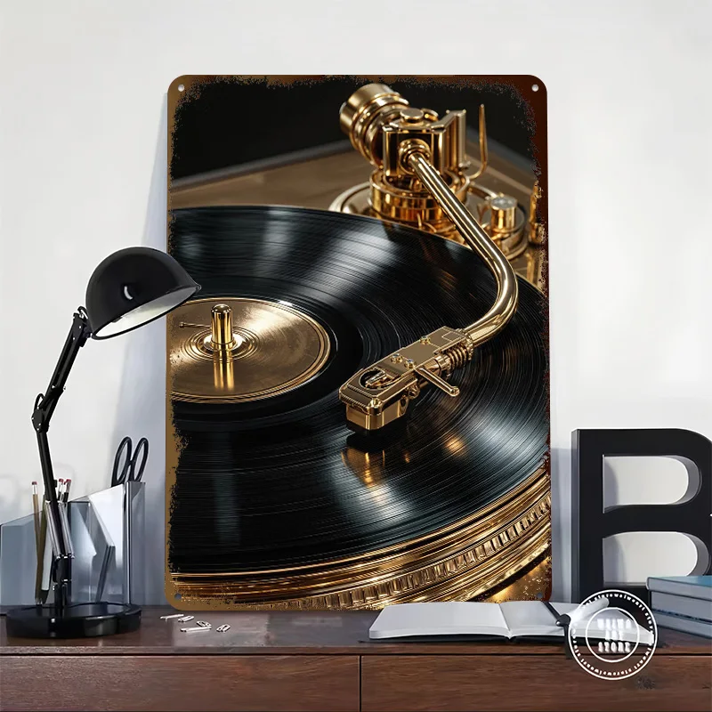 Golden Turntable With Black Vinyl Record 3D Texture Metal Poster Customized Wall Art Tin Sign Gift for Mancave Vintage Decor
