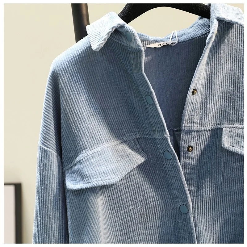 قميص نسائي من قماش الكوردروي السميك من دونغدايمون، فضفاض، ياقة بولو، أكمام طويلة، طول متوسط، نمط كوري، لون واحد، مناسب للخريف...