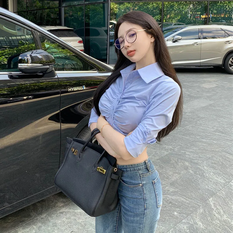 sexy ladies turn down collar crop tops spring summer 2023 korean style shirring blue short blouse women