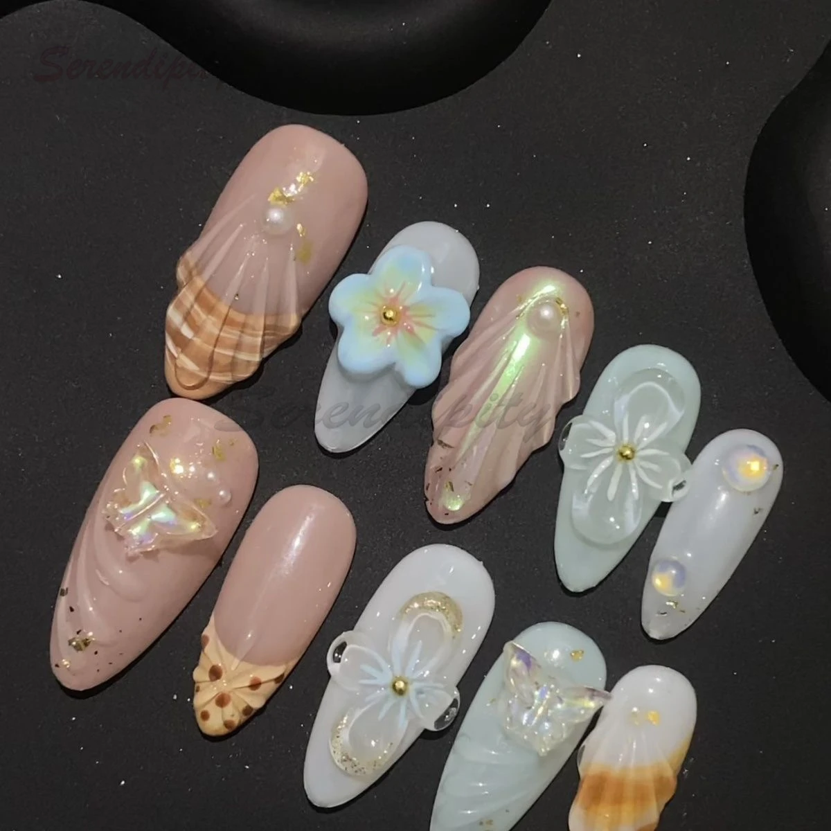 

10Pcs Handmade Manicure Medium Almond Ballet Fake Nails Shell Limite Nails Press On Nails Design with Adhesive Nail File Set