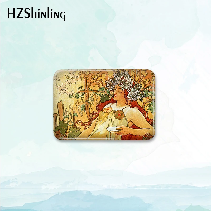 2023 New Moonlight Alphonse Mucha Earring Badge Brooch Season Art Rectangle Button Pin Backpack Decoration Round Jewelry Gift