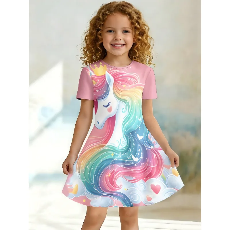 Mädchen-T-Shirt-Kleid mit Regenbogen-Einhorn-Aufdruck, Märchenparty, Rollenspiel, rosa Freizeitkleid, geeignet für Geburtstagsgeschenke