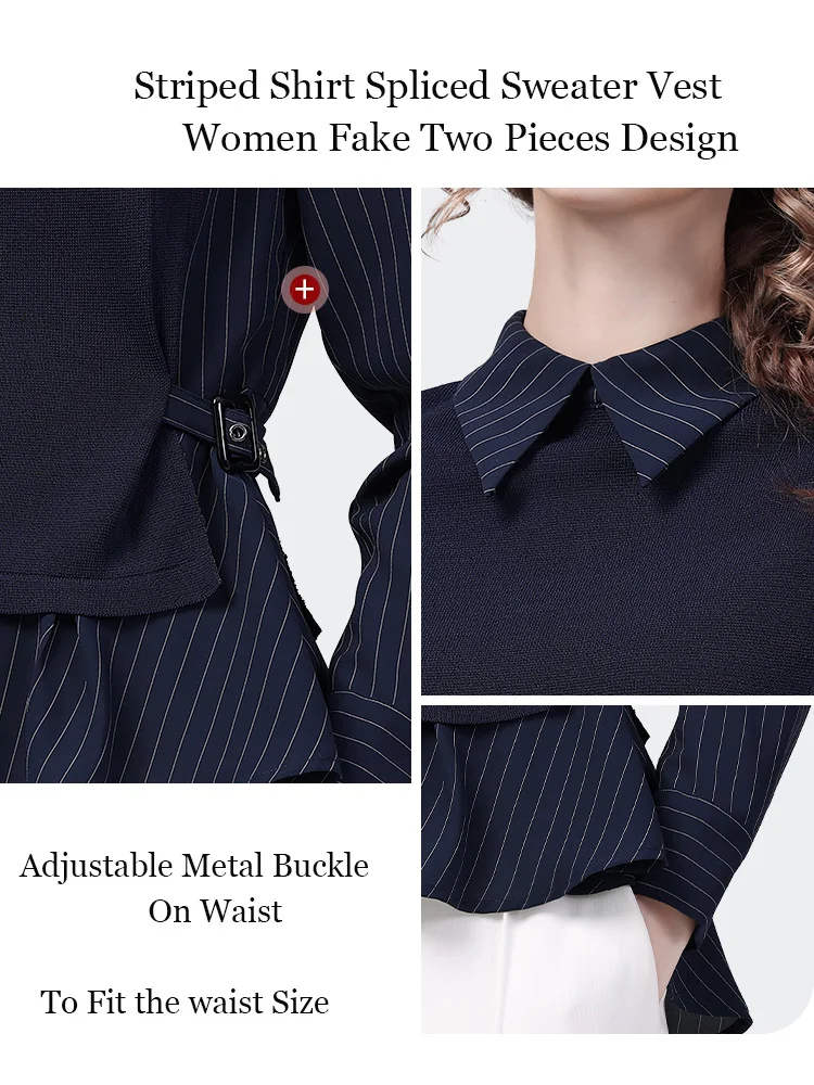 2023 Autumn Women Fake 2 Pieces Shirt Long Sleeve Mandarin Collar Blue Striped Shirt Spliced Sweater Vest Fashion Bottoming Tops