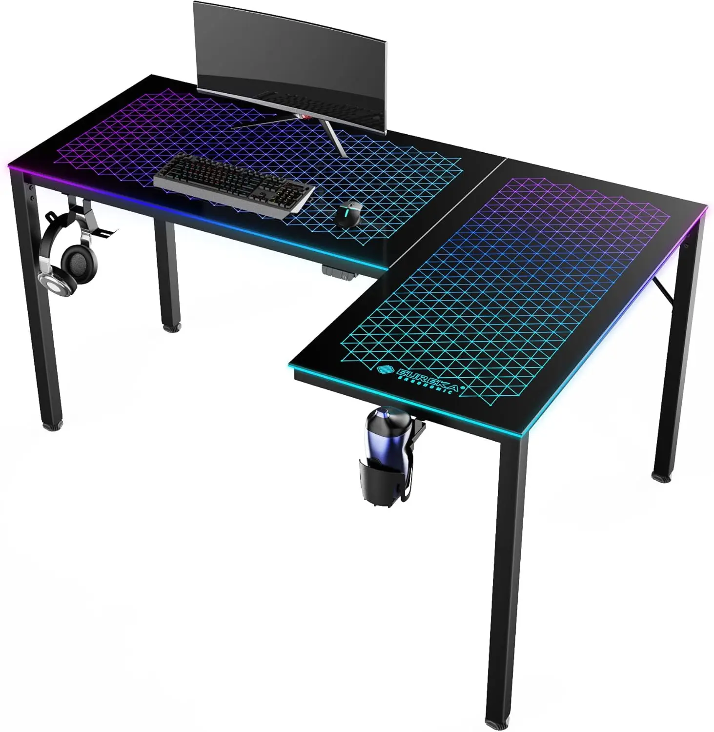 EUREKA ERGONOMIC RGB LED Lights 60 Inch L Shaped Reversible Black Glass Gaming Desk Home Office Computer Table GTG L60