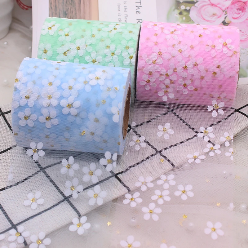 6cm 5Yards Floret Tulle Daisy Ribbon Roll DIY Handmade Craft Hair Ornament Baking Cherry Blossoms Printed Mesh Fabric Supplies