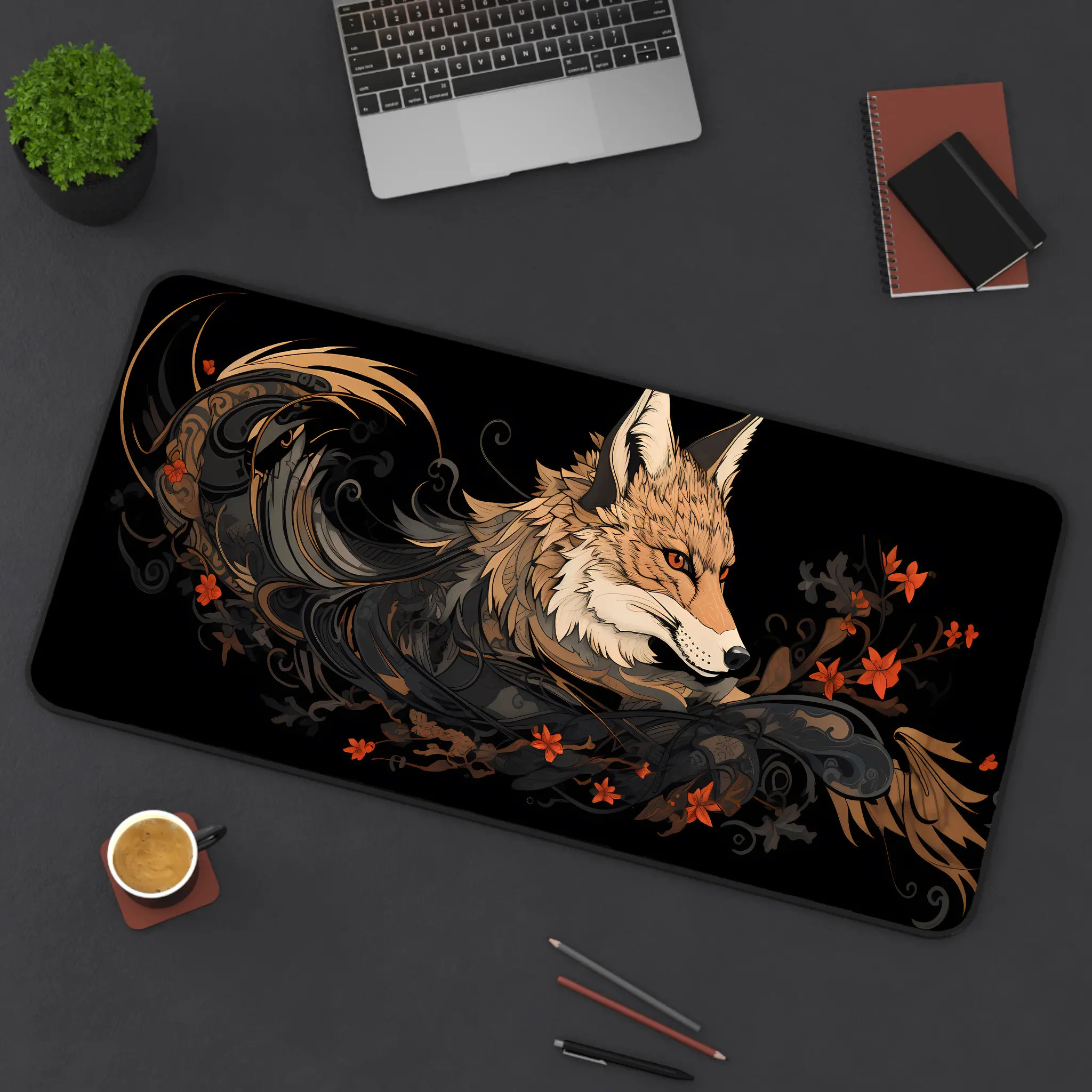 Fox Pattern Japanese-style Mousepad,black and White Color Scheme,Japanese Aesthetic Gaming Deskmat,the Perfect Gift for A Friend