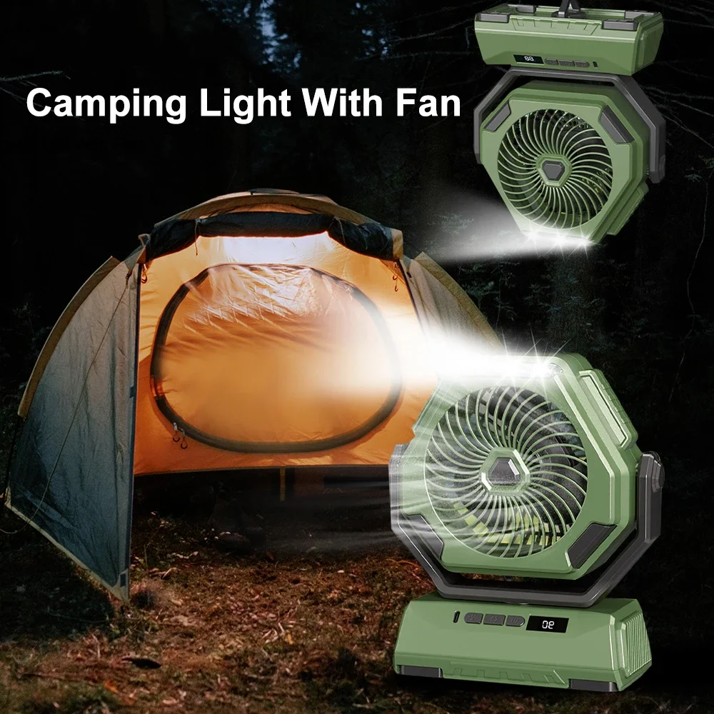 D2 Rechargeable Camping Light With Fan 6000mAh Outdoor Camping Tent Lantern Portable Lighting With Shaking Fan for Picnic Travel