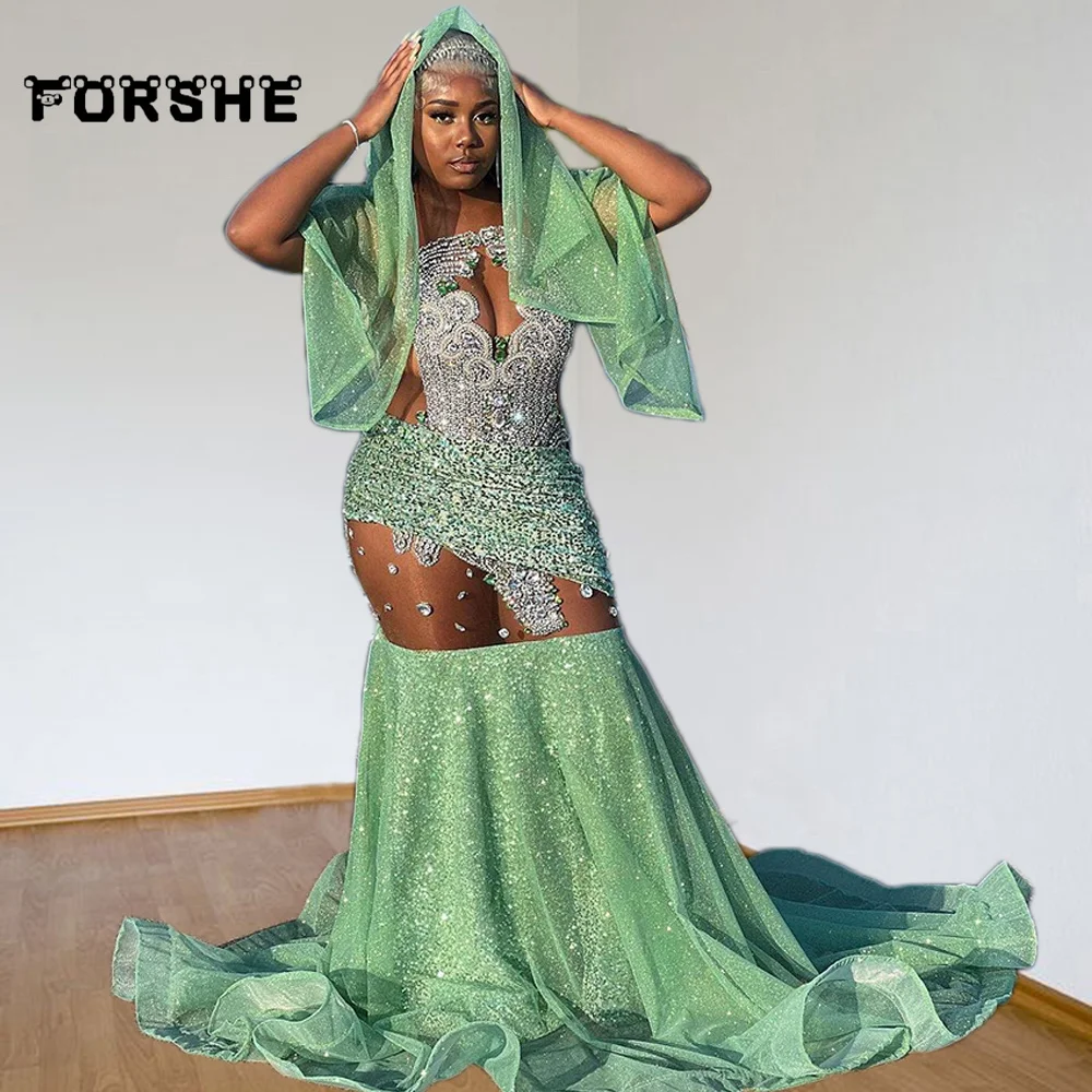 

Real Images Prom Dresses Mermaid With Headscarf Sparkly Diamond Black Girls Birthday Party Dress Formal Evening Gowns Customized