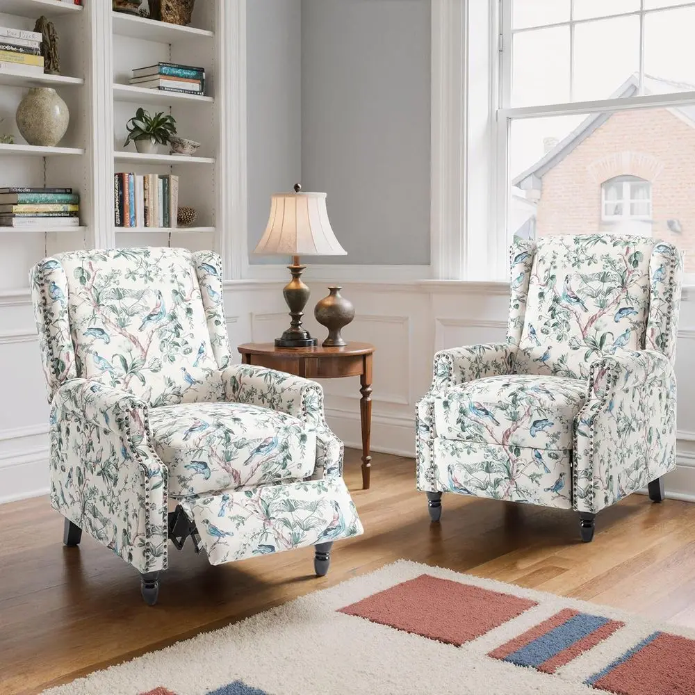

Upholstered Fabric Pushback Recliner Chairs with Rivet Trim Accents for Living Room or Home Theater - Colorful Bird Design