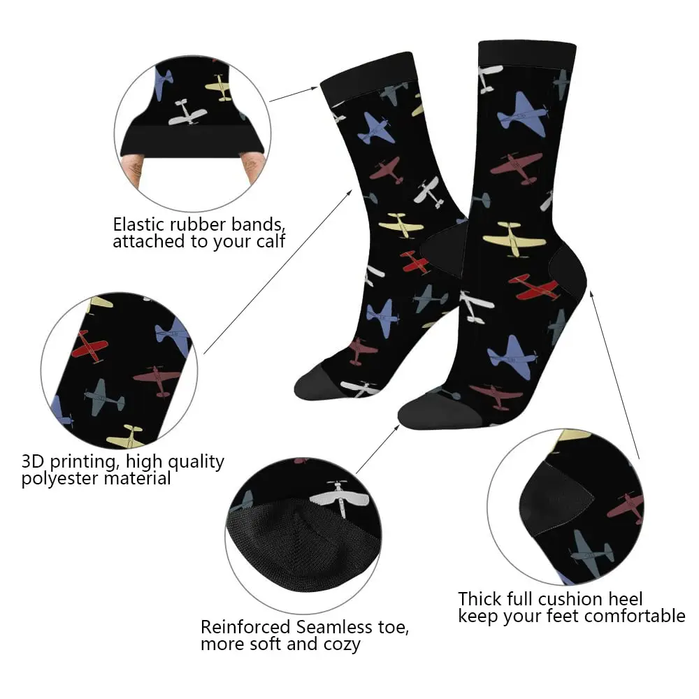Retro War Planes Pattern Funny Socks Military Old Aeroplane Abstract Fighter Novelty Casual Crew Socks Contrast Color Design