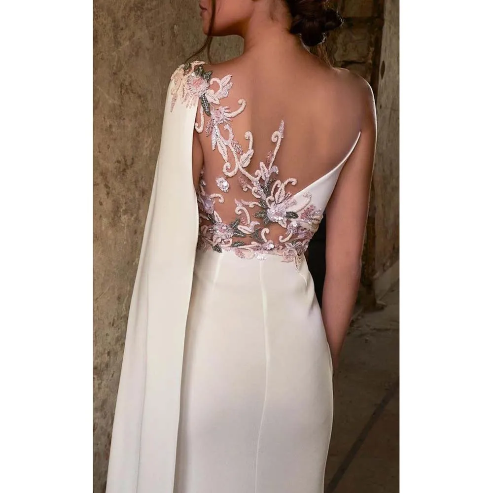 

High-end White Women Prom Dresses Floor Length Straight Sweetheart Appliques Side Split One Shoulder Sleeve Evening Party Gowns