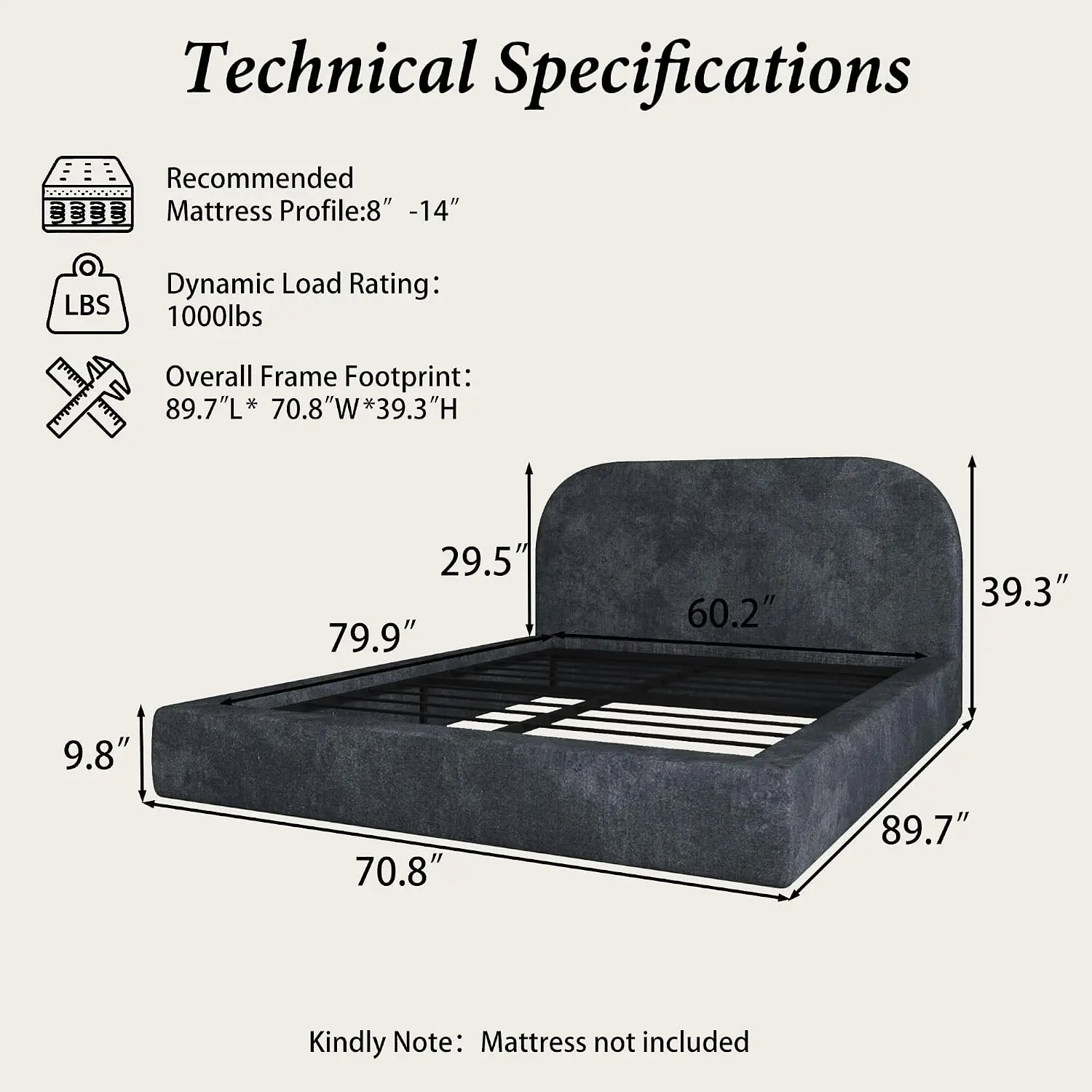 Queen Cloud Bed Frame with Upholstered Curved Headboard, Gray | Anti-Collision Soft Sponge Cushion, Easy Assembly, No Box Spring