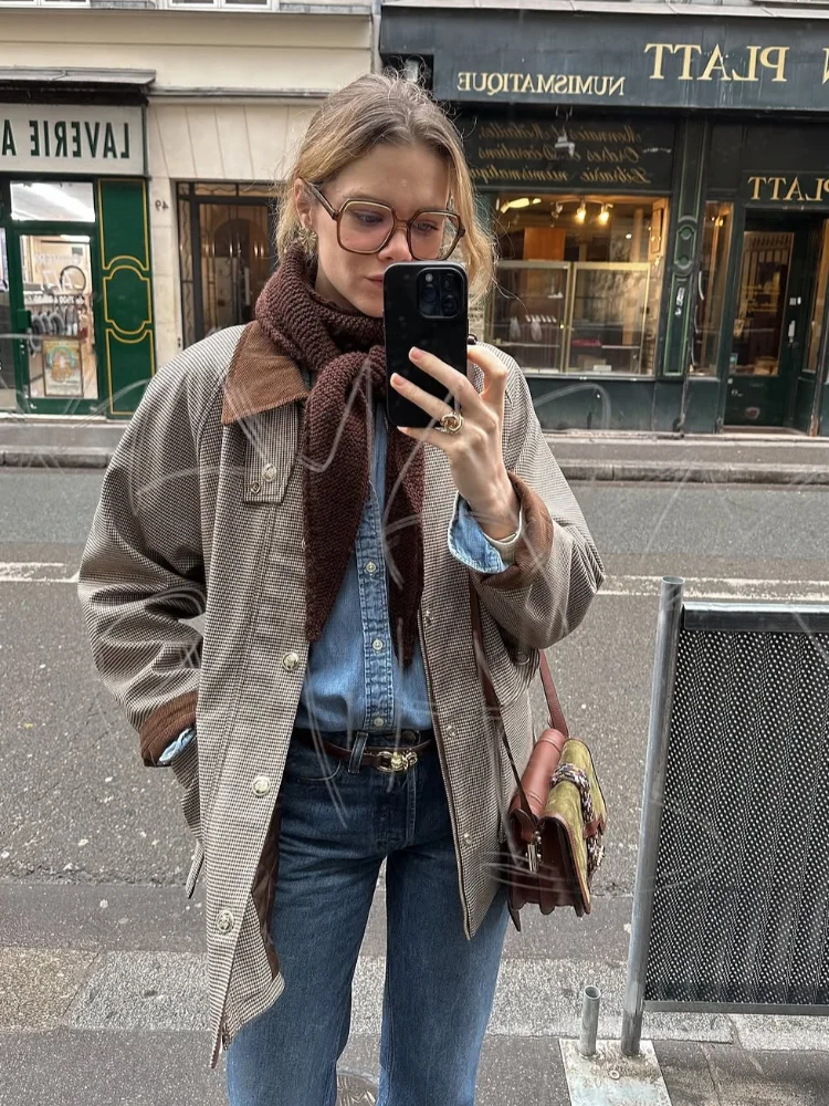 Veste à carreaux manteau femmes vintage boutons poches plaquées femmes coupe ample manteaux courts début automne décontracté vêtements d'extérieur à la mode
