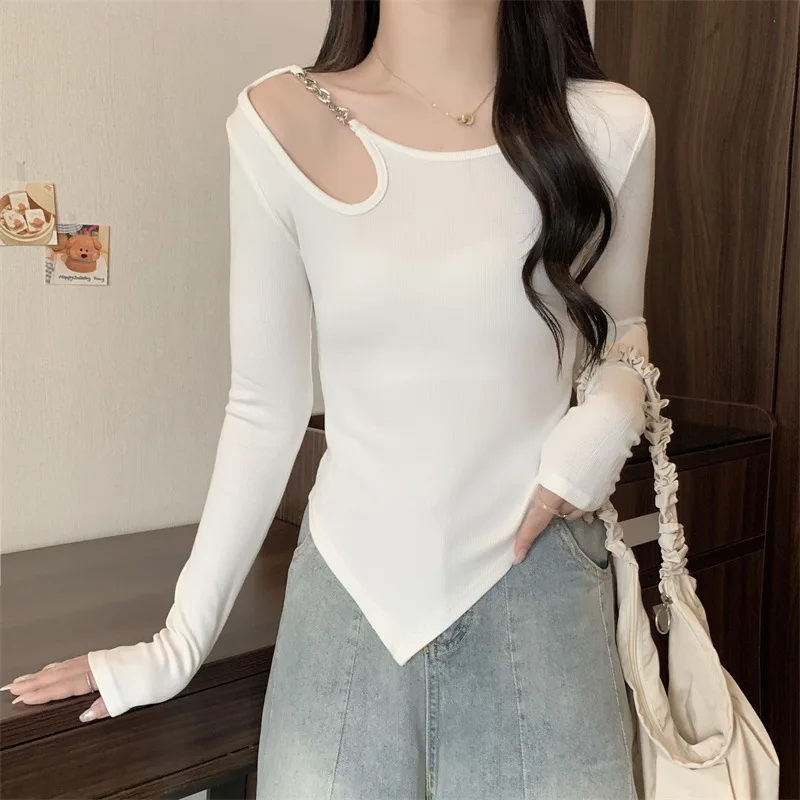 Fashion Hight Street Hollow Shoulder Long-sleeved T-shirts Women Spring New Solid Slim Fit Tee Patchwork Chain Irregular Top