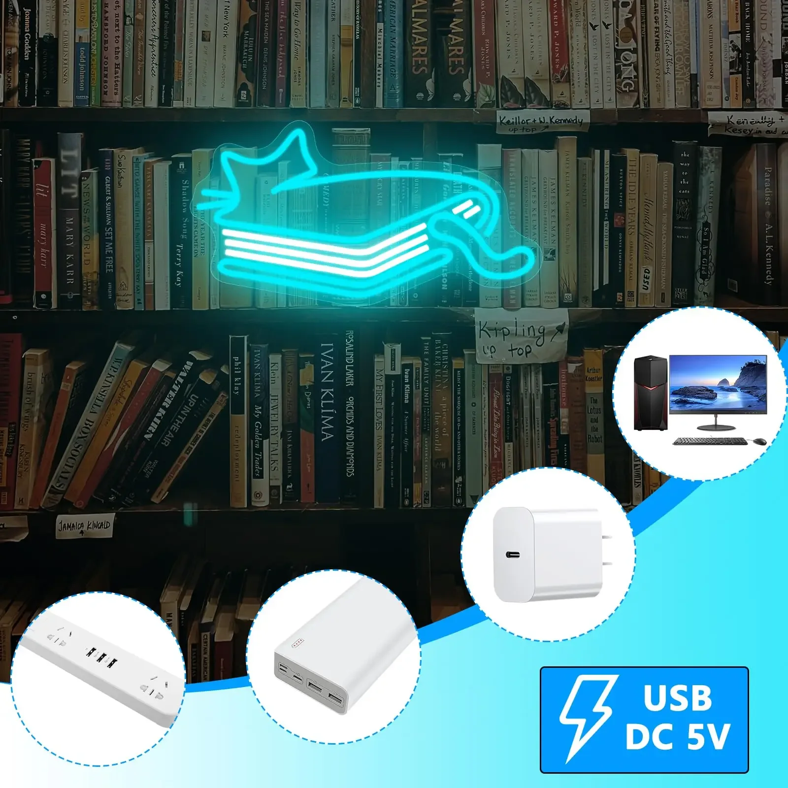 LED Light Up Neon Sign Livro para Wall Decor, Book Cat Sign, Decoração de Festa da Biblioteca, Presentes Bookish, Regulável, Quarto