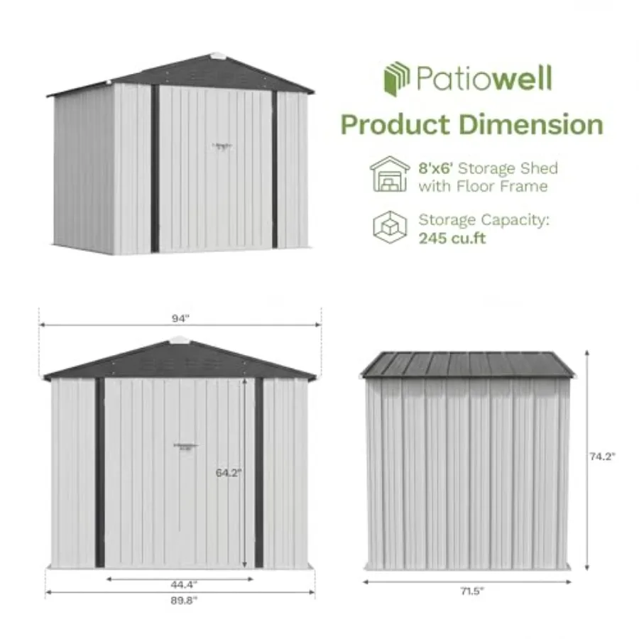 Outdoor storage shed for backyard garden use, made of waterproof steel with sloping roof, lockable door, and floor frame in gra