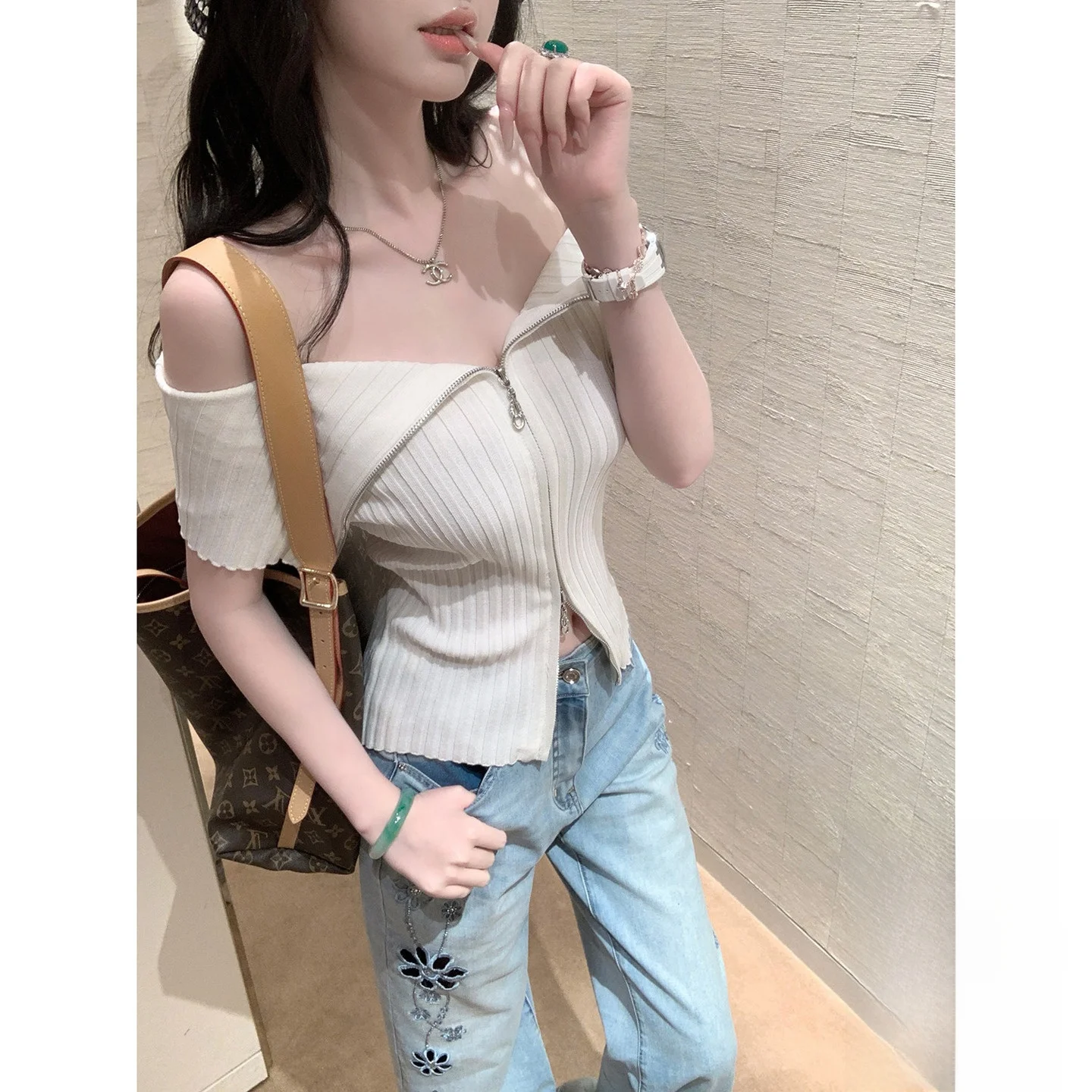 Syqiao Summer Women's Knitted T-shirt Shoulder Bared Large Collar Rylee And Cru Soft Acrylic And Linen Blend Casual Style