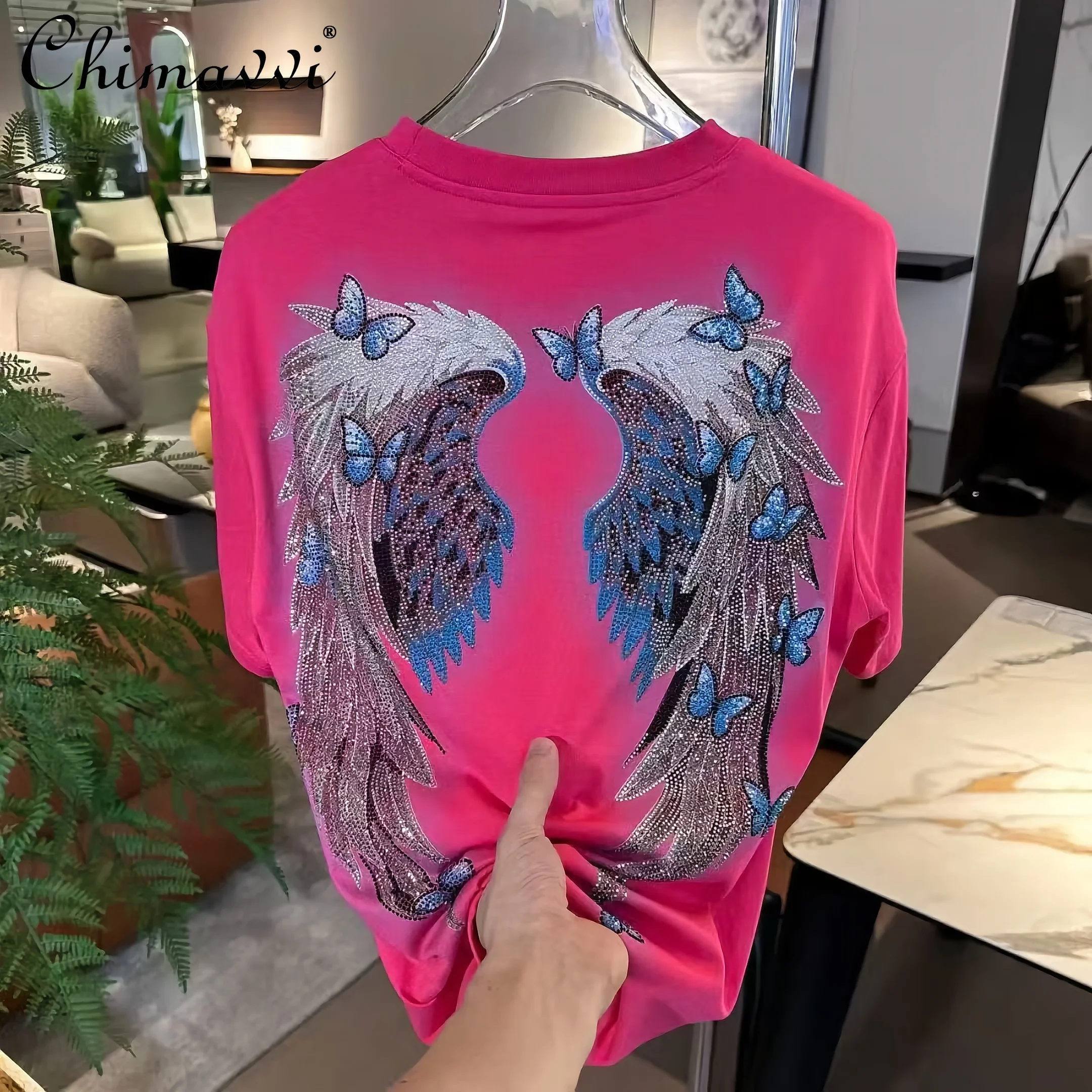 Autumn New Heavy Wings Rhinestone Loose Short Sleeve T-Shirt Men and Women Fashion Round Neck Loose Short Sleeve Tees Top