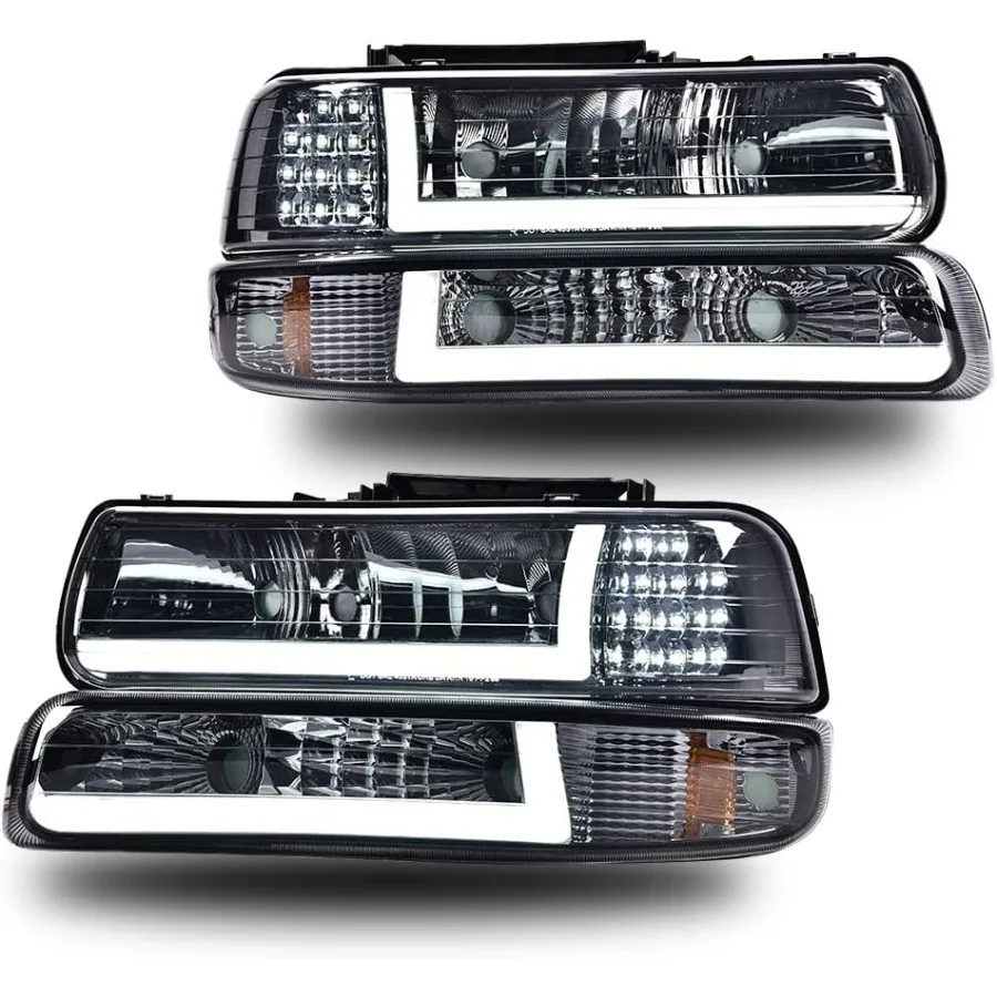 

Светодиодная фара в сборе DRL для Chevrolet Silverado 1500 2500 9902 и Suburban 1500 2500 Tahoe 0006 с дымчатыми линзами, хром