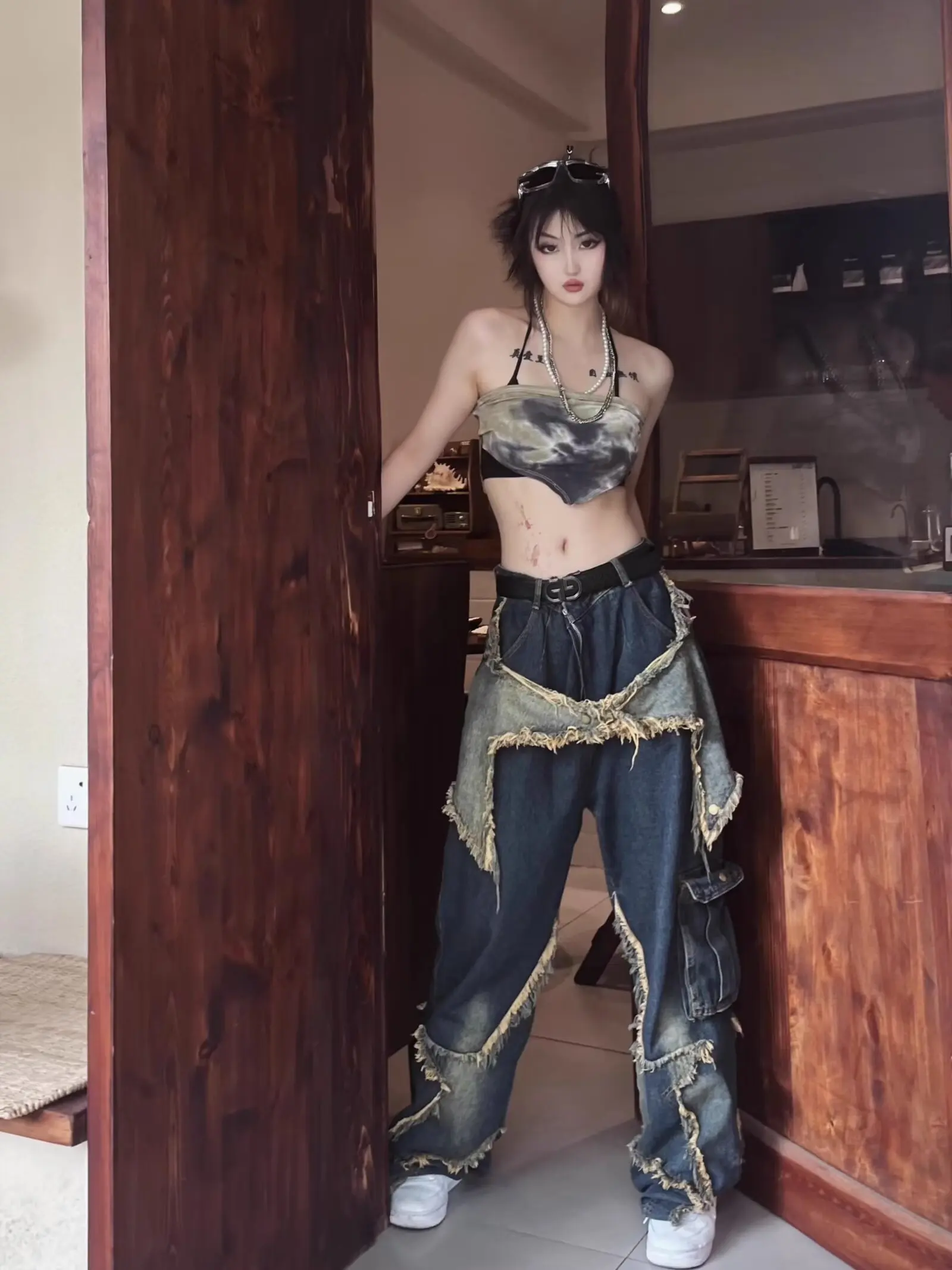 

Винтажные потертые джинсы с пятиконечной звездой для женщин, свободные широкие брюки с кисточками, прямые длинные брюки в стиле хип-хоп