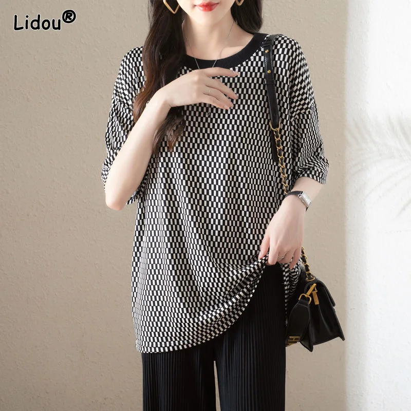 

Casual O-Neck Broadcloth Oversize Loose Black White Plaid T-Shirts Popularity Summer Women's Clothing Comfortable Fashion 2022